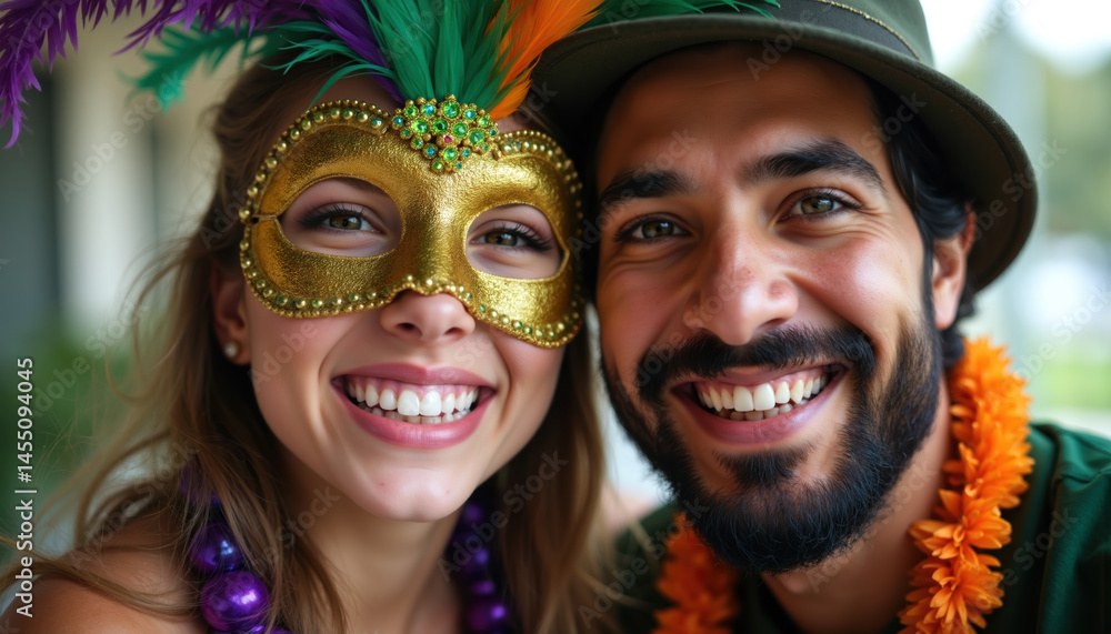 A joyful couple smiles brightly, adorned with colorful Mardi Gras accessories, including a mask, beads, and feathers.