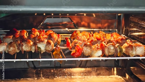 Juicy skewers of marinated meat and colorful vegetables roasting perfectly in the oven during a cozy afternoon cooking session