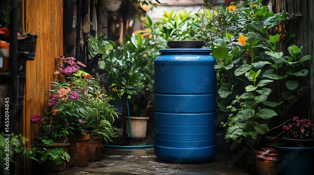 Obraz premium The image showcases a vibrant garden scene, featuring a blue barrel and lush greenery.