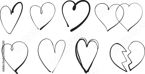 Hand Drawn Ink pen style Hearts Set. Vector doodle Line Art Collection