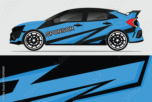 Blue sports car with abstract design on display