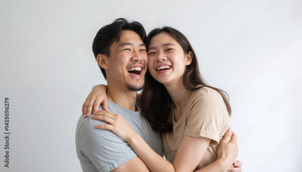 A joyful couple embracing each other, sharing a hearty laugh in a bright, simple setting.