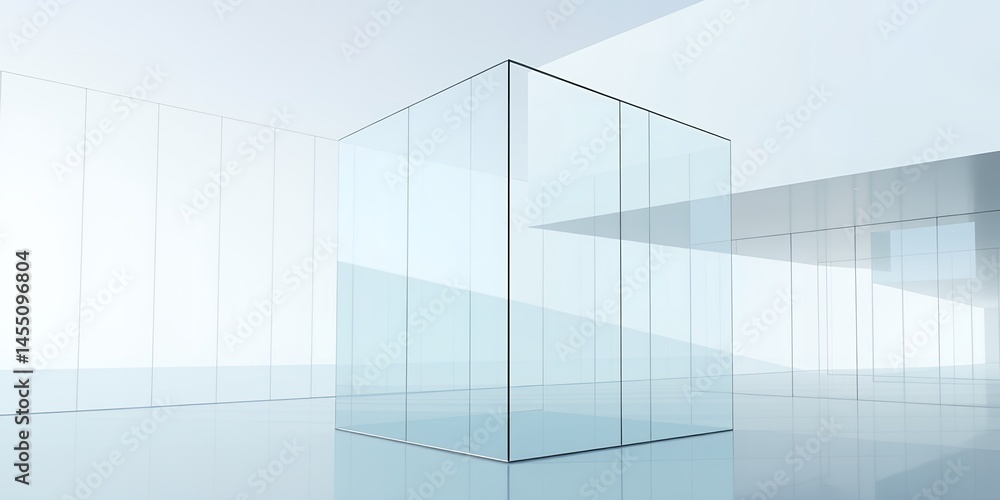 Obraz premium A minimalist architectural space featuring a glass cube and white walls in a clean aesthetic