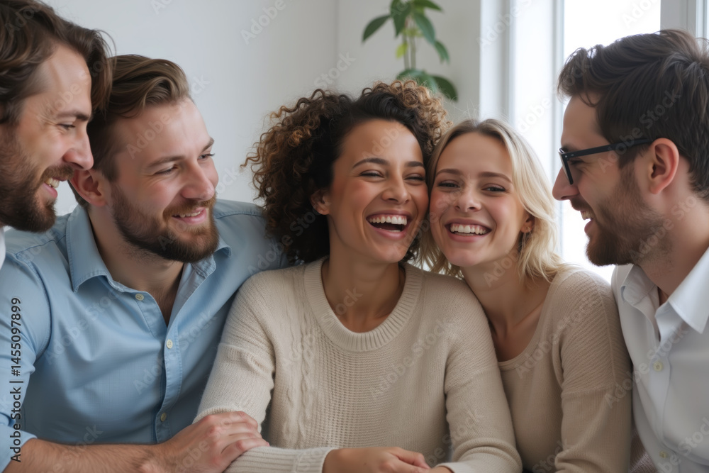 A diverse group of friends enjoying a joyful moment together, sharing laughter and happiness in a cozy setting.