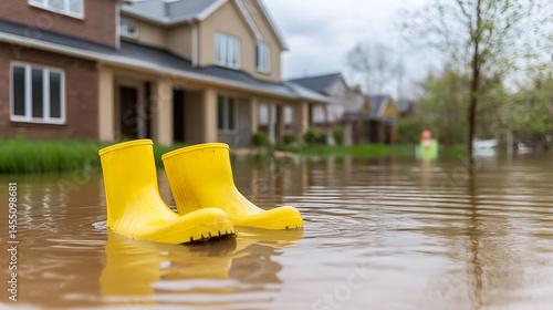 Flooded street scene with yellow boots in the foreground suggests a residential area affected by heavy rain or a burst river, creating a challenging situation for residents.