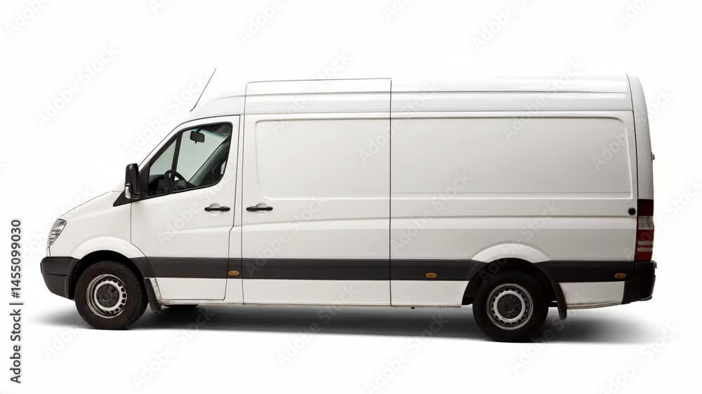 Side view of a long wheelbase white cargo van with dark tires on a white background suitable for delivery and transport needs Side view of a long wheelbase white cargo van with dark tires on a white background suitable for delivery and transport needs