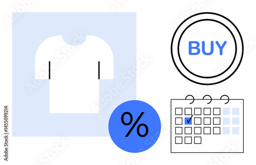 White T-shirt, percentage icon, calendar with marked date, and circular buy button. Ideal for e-commerce, marketing, retail, sales planning promotions shopping customer engagement. Flat simple