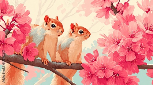  Two Squirrels, Blue Sky, Pink Flowers
