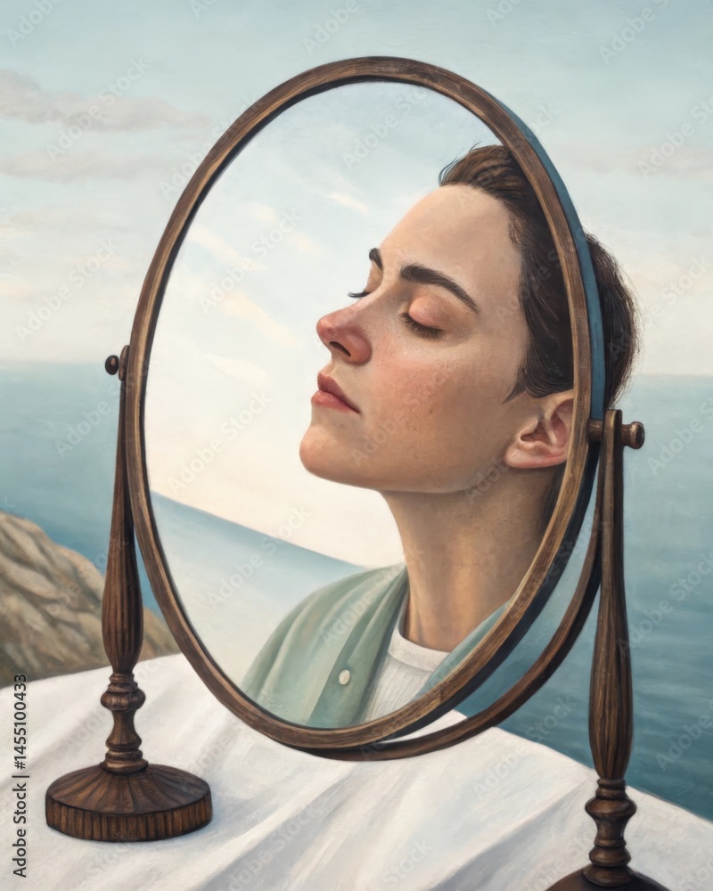 A mirror reflecting a persons peaceful face embodying the selfacceptance and inner peace that come with forgiving oneself.
