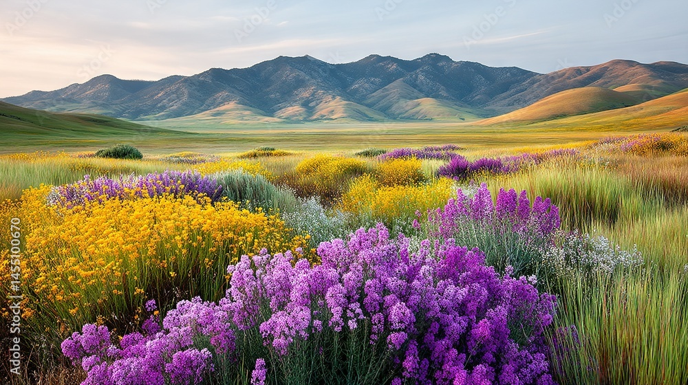 Fototapeta premium A field of wildflowers and other flowers in front of a majestic mountain range, surrounded by a cloud-covered sky