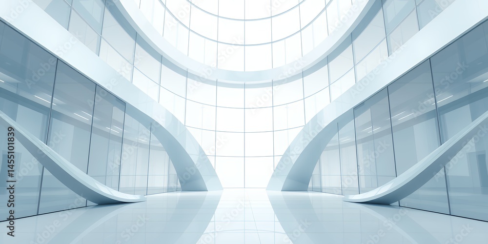 Fototapeta premium A futuristic interior with curved white walls and glass panels reflecting light brightly