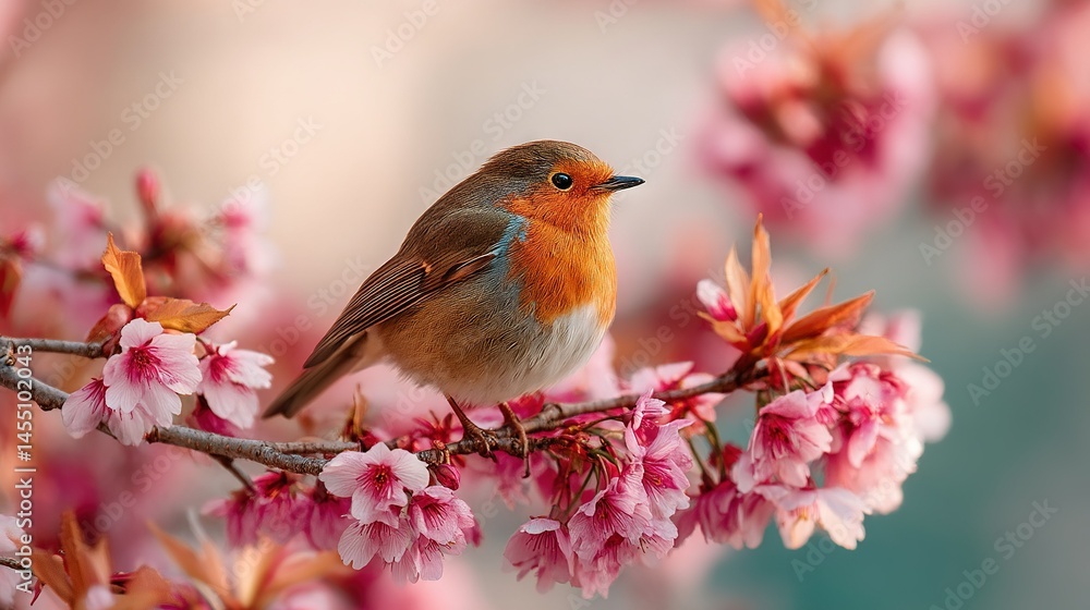Small bird on tree branch with pink flowers in fg, blue sky bg Small bird on tree branch with pink flowers in fg, blue sky bg
