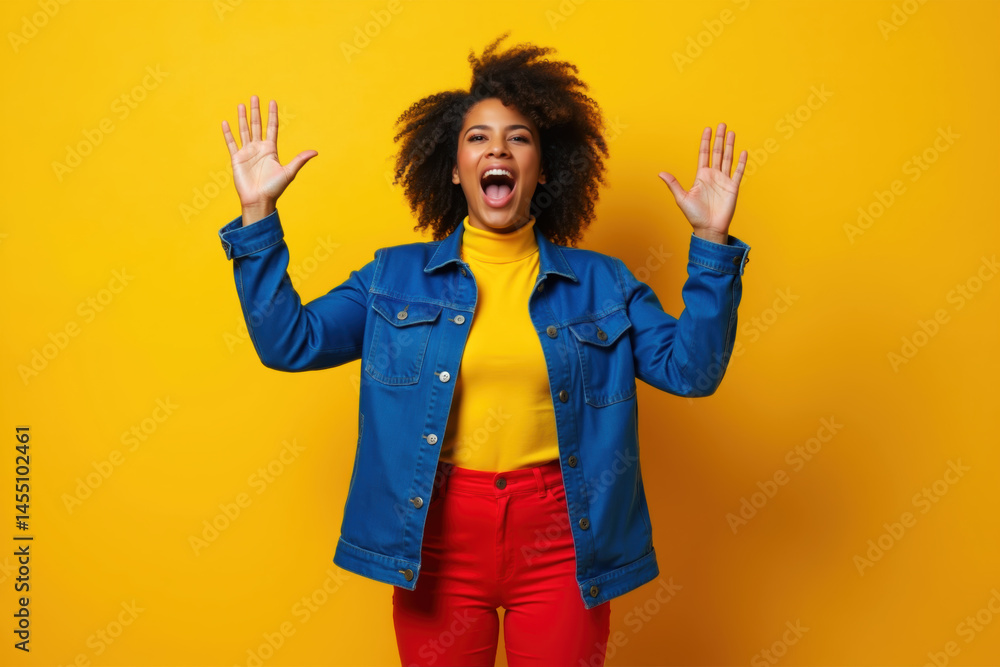 A cheerful woman with curly hair, wearing a blue denim jacket, yellow turtleneck, and red pants, stands with arms raised against a vibrant yellow background.