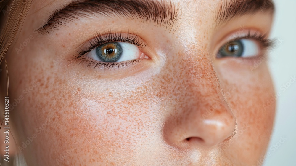 Fototapeta premium Closeup of a young woman with freckles and blue eyes beautiful skin texture face girl iris brow tone