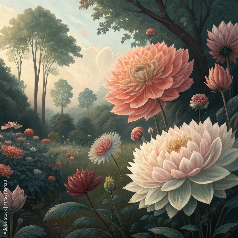 A garden filled with oversized flowers that open to reveal intricate hidden memories within their petals illustrating the beauty and complexity of subconscious recollections.
