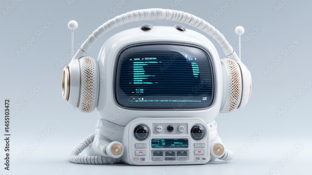 Fototapeta premium Futuristic Robot with Headphones and Digital Display Ideal for Technology and Innovation Conce
