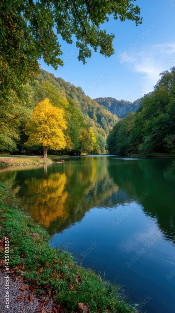 Scenic lake with golden tree reflecting on calm water surrounded by vibrant autumn forest under blue sky. Scenic lake with golden tree reflecting on calm water surrounded by vibrant autumn forest under blue sky.