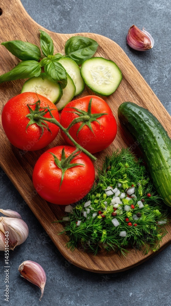 Assorted fresh vegetables arranged on wooden cutting board for healthy eating and cooking preparation. Close up top view of organic raw food ingredients. Assorted fresh vegetables arranged on wooden cutting board for healthy eating and cooking preparation. Close up top view of organic raw food ingredients.