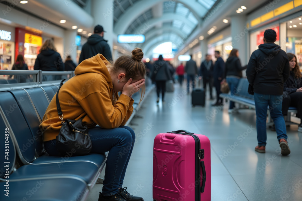 A woman in a mustard-colored hoodie sits in an airport terminal, her head in her hands, with a pink suitcase beside her. The terminal is bustling with travelers.