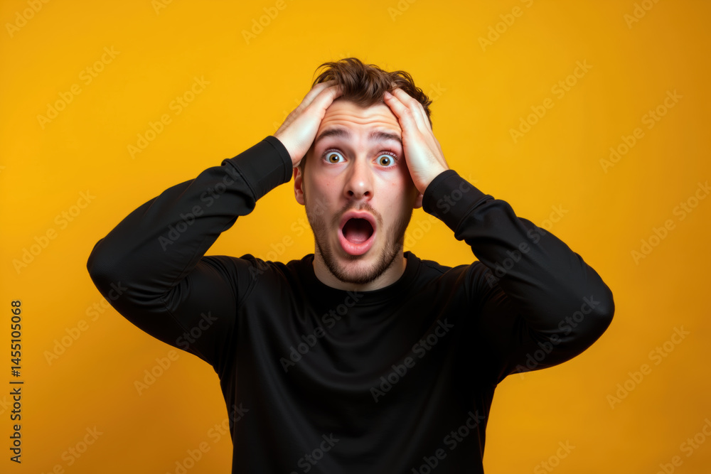 A man with a surprised expression holds his head with both hands, wearing a black shirt on a yellow background.