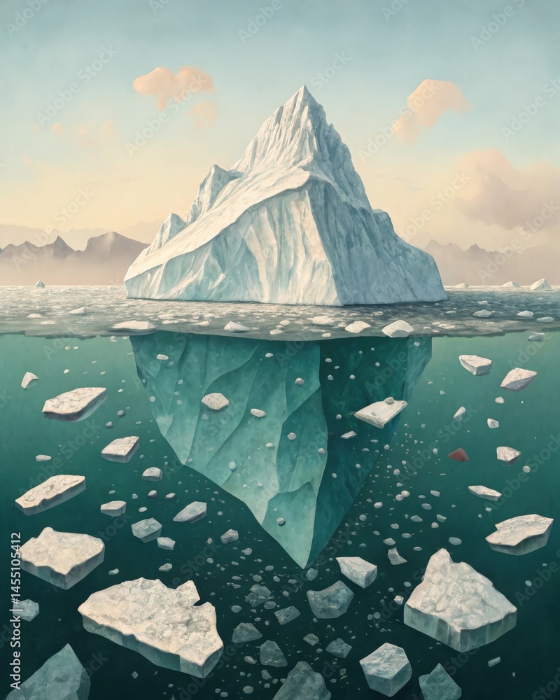 An iceberg surrounded by tered pieces of ice each representing fleeting memories or thought fragments that both influence and reveal the subconscious minds complexity.
