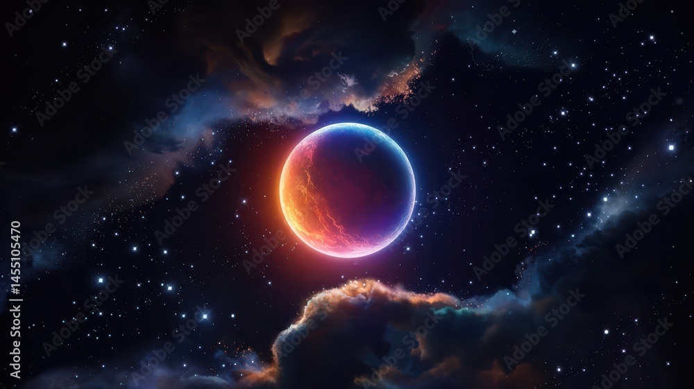 Obraz premium Energetic blue planet radiating orange lightning in swirling space clouds