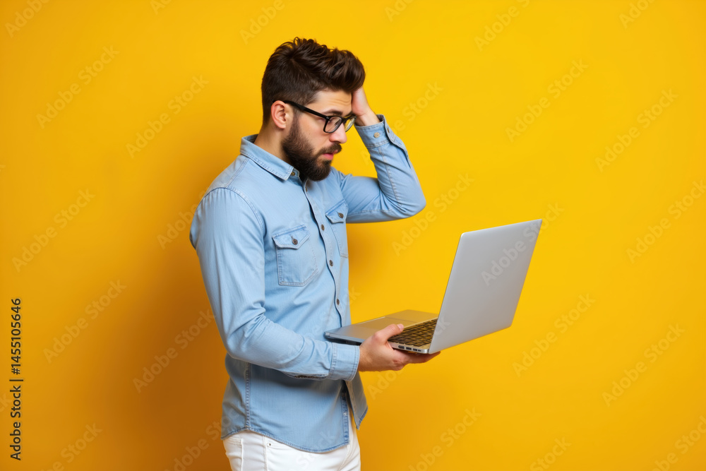 A bearded man in a blue shirt and glasses is holding a laptop and looking confused while touching his forehead.
