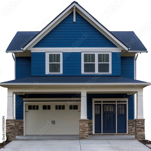 A blue two story house facade view on transparent background