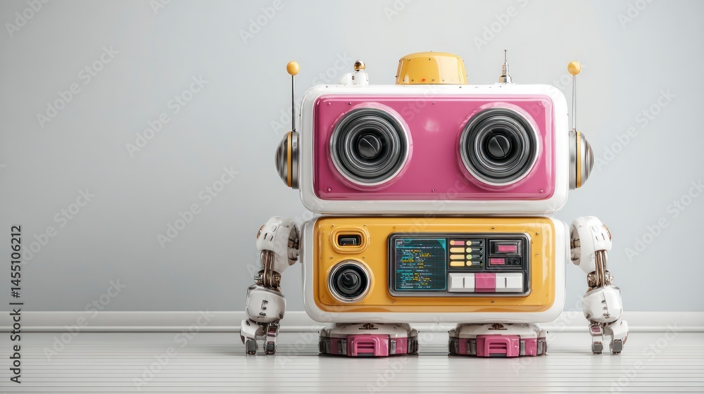Fototapeta premium A colorful retro robot with large eyes and a digital display perfect for technology and futuri