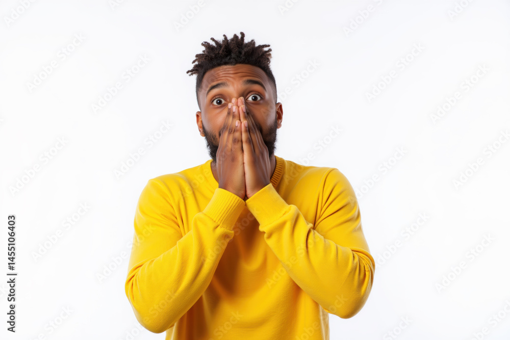 A man in a yellow sweater looks surprised, covering his face with his hands.