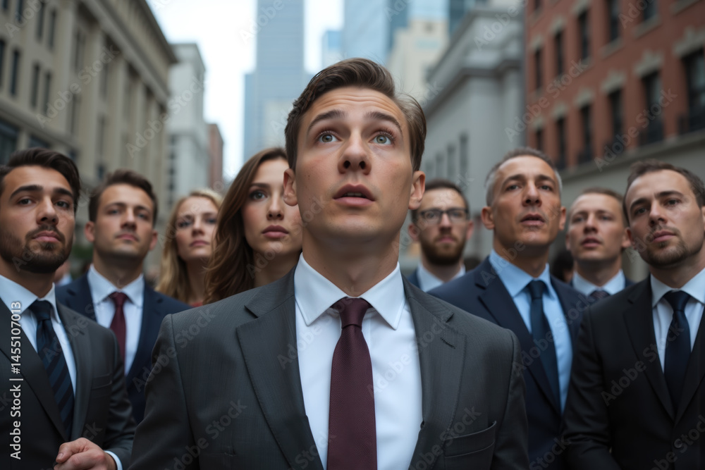 A large group of business people in suits standing outdoors, looking upwards in an urban setting.