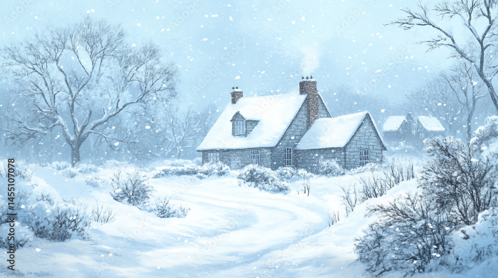 Naklejka premium Snowy Cottage Scene