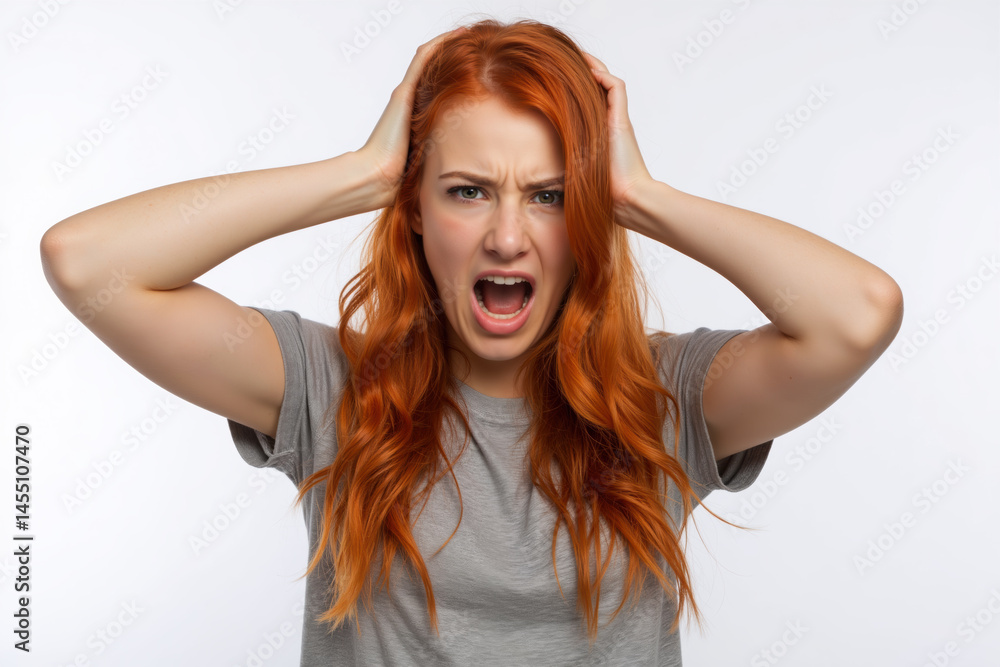 A woman with long red hair appears frustrated, screaming, and holding her head with both hands.