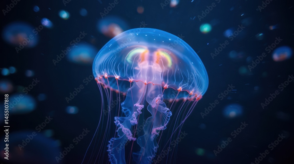 Glowing jellyfish with vibrant red tentacles in starry deep sea setting Glowing jellyfish with vibrant red tentacles in starry deep sea setting