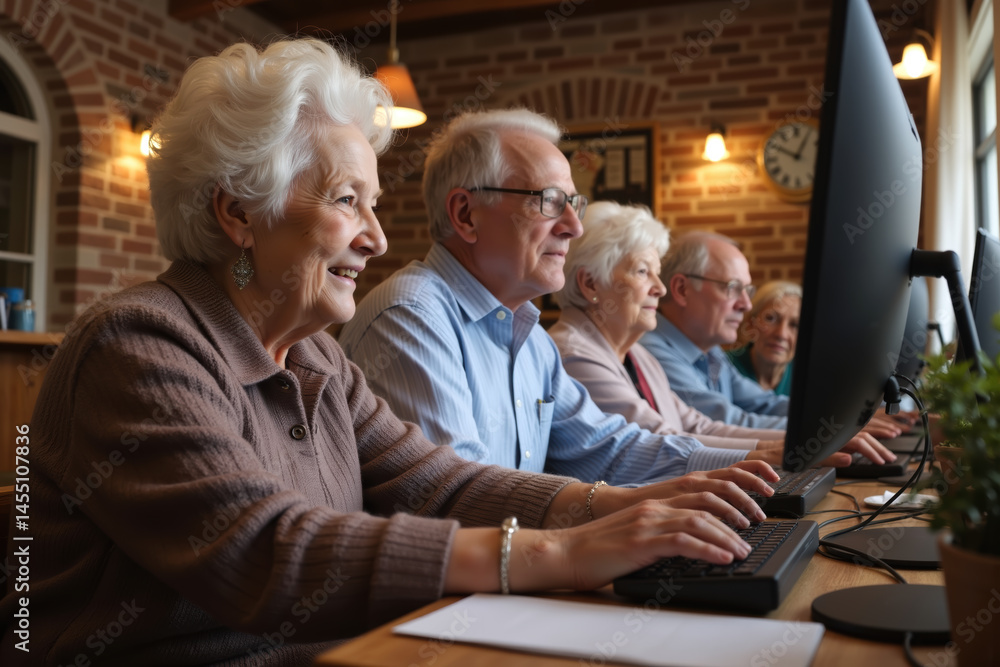 Elderly individuals smiling while using computers in a well-lit, brick-walled room.