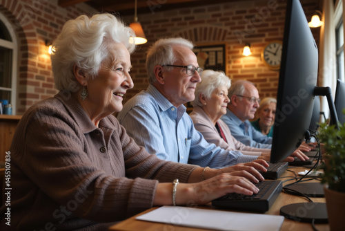 Obraz na płótnie Elderly individuals smiling while using computers in a well-lit, brick-walled room. w salonie