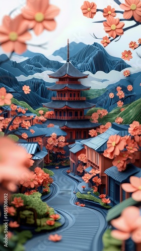 Papercut Paper Cut Kyoto Gion Pagoda Japan Travel Scen ic Landscape Destination Phone Mobile Background Wallpaper Art Illustration