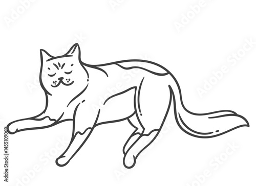 Cartoon doodle style cat outline of cute, relaxing feline or kitty, stretched out and calm. Vector illustration of cat outline for coloring, stickers, or pet art projects.