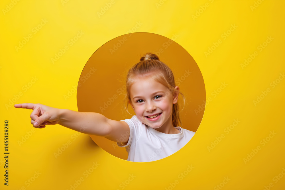 A joyful young girl with braided hair and a white shirt is smiling and pointing her finger through a circular cutout on a bright yellow background.