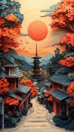 Papercut Paper Cut Kyoto Gion Pagoda Japan Travel Scenic Winter Landscape Destination Phone Mobile Background Wallpaper Art Illustration