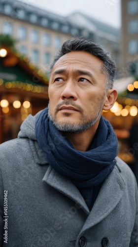Thoughtful mature man in winter clothing looks towards the distance on a cold day in a cityscape with blurred lights