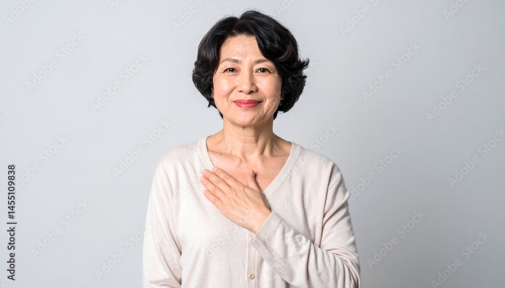 ライトグレー背景に立つ50代日本人女性、胸に手を当てて感謝を伝えるような落ち着いた表情
ライトグレー背景に立つ50代日本人女性、胸に手を当てて感謝を伝えるような落ち着いた表情