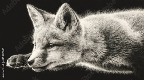 A black and white wolf's head in focus on the ground