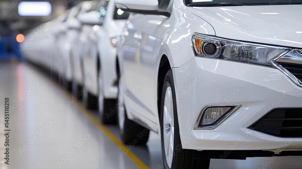 New white cars parked in a row, inside a brightly lit factory building, ready for shipping. New white cars parked in a row, inside a brightly lit factory building, ready for shipping.