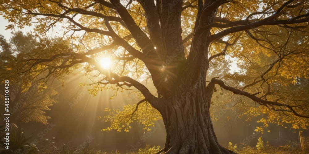 Obraz premium Golden sunlight streams through branches of mature tree, showcasing its growth rings , branches, scenic