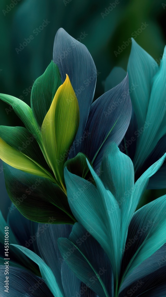 Fototapeta premium Botanical artwork displaying a layered arrangement of colorful stylized leaf shapes with textured surface details in hues of green, teal, and blue.
