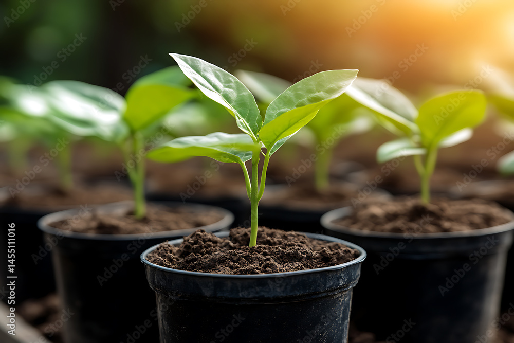 Seedlings in pots: a promise of fresh starts and nurturing growth, illuminated by the warm glow of sunlight, embodying the beauty of nature's resilience. Seedlings in pots: a promise of fresh starts and nurturing growth, illuminated by the warm glow of sunlight, embodying the beauty of nature's resilience.