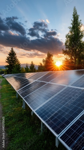 Large solar panel array on lush green grass illuminated by a beautiful sunset in the countryside.