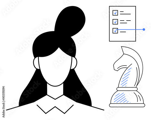 Faceless woman as strategist with checklist and chess knight highlighting analysis, organization, leadership, strategy, planning, decision-making, focus. Ideal for critical thinking, flat simple