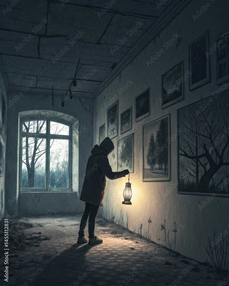 An individual holding a lantern in a dark room illuminating dark corners filled with images of past traumas and neglected desires.